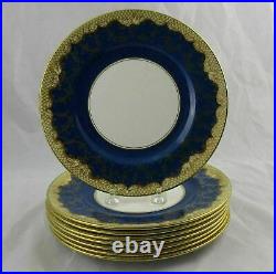 8 Crown Staffordshire Blue & Gold Gilt Dinner Luncheon Plates 9-1/8