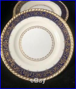 8 England Minton Tiffany Dinner Plates Cobalt Blue Rim Encrusted Gold H4272