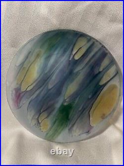 8 Frosted RUEVEN Art Glass Dinner Plates Watercolor Blues, Purple, Gold