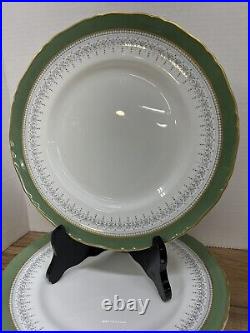 (8) Royal Worcester Regency Green Dinner Plates 10 7/8 Gold Rim