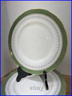 (8) Royal Worcester Regency Green Dinner Plates 10 7/8 Gold Rim