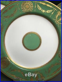 8 Stunning Minton Green and Raised Gilt Antique Dinner Plates 10 1/4
