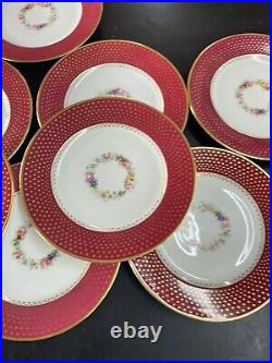9 Antique CA Depose France Dinner Plates Red Gold Gilt Floral Border 9 1/2 Wide