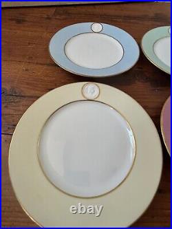 A. RAYNAUD & C° Limoges France MÉDAILLON Pink Blue Gold Rim Dinner Plates Set