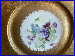 ANTIQUE SET 12 HEINRICH & CO gold encrusted DINNER PLATES flowers in the center