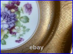 ANTIQUE SET 12 HEINRICH & CO gold encrusted DINNER PLATES flowers in the center