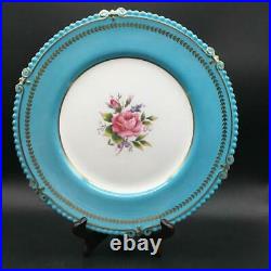 AYNSLEY 7879 TURQUOISE + GOLD DINNER PLATE With PINK CABBAGE ROSE CRAZING CH6340