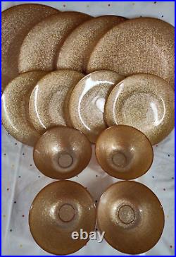 Akcam Turkish Gold Glitter Glass Plates Bowl Set Of 12 Dinner Salad Cereal ST7