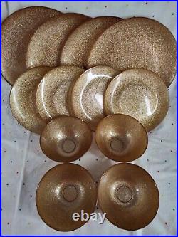 Akcam Turkish Gold Glitter Glass Plates Bowl Set Of 12 Dinner Salad Cereal ST7