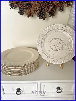 Anthropologie Celine Dinner Plates, Set of 8 Stoneware, Gold Details RARE