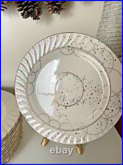 Anthropologie Celine Dinner Plates, Set of 8 Stoneware, Gold Details RARE