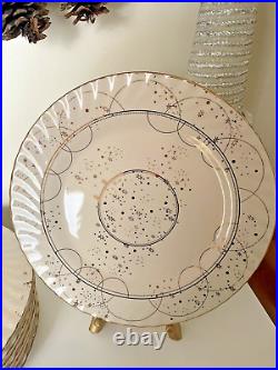 Anthropologie Celine Dinner Plates, Set of 8 Stoneware, Gold Details RARE