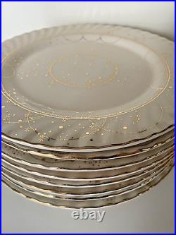 Anthropologie Celine Dinner Plates, Set of 8 Stoneware, Gold Details RARE