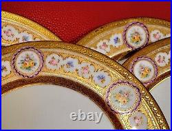 Antique 12 set Guerin Limoges Raised Gold Encrusted Jeweled Dinner Plate Rose EC