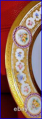 Antique 12 set Guerin Limoges Raised Gold Encrusted Jeweled Dinner Plate Rose EC