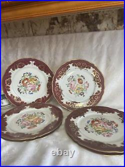 Antique 7 Dinner Plates 10 Marked Hand Painted Burgundy & Gold Sculloped Edges