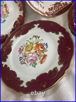 Antique 7 Dinner Plates 10 Marked Hand Painted Burgundy & Gold Sculloped Edges