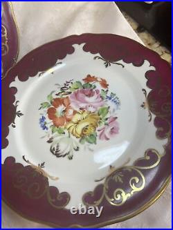 Antique 7 Dinner Plates 10 Marked Hand Painted Burgundy & Gold Sculloped Edges