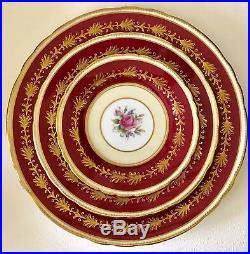 Antique Aynsley England Bone China Burgundy Red Pink Roses Gold Dinner Plate Set