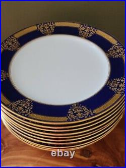 Antique Coalport Encrusted Raised Gold Set of 11+1 Woodson emblem Dinner plates