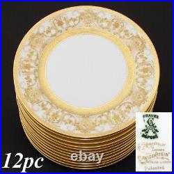 Antique French Limoges 12p 10.25 Dinner Plate Set, Raised Gold Enamel Encrusted
