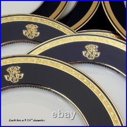 Antique French Limoges 12pc 9.75 Dinner Plate Set, Cobalt & Gold Enamel Borders