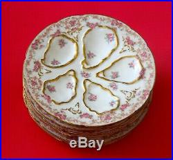 Antique GDA HAVILAND LIMOGES Oyster Plates Pink Roses Gold Rose BorderSet of 6