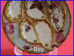 Antique HAVILAND LIMOGES Oyster Plate Pink Cabbage ROSES Gold, RARE! Circa 1889