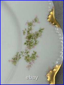 Antique Haviland Limoges Schleiger 7 Dinner Plates I0 Pink Flowers, Gold