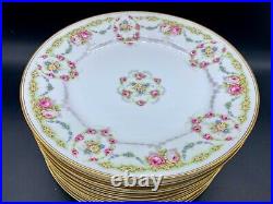 Antique Limoges Dinner Plate Set 10 Gold Rim Rose Daisy Flower Swag Garland