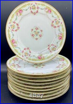 Antique Limoges Dinner Plate Set 10 Gold Rim Rose Daisy Flower Swag Garland