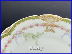 Antique Limoges Dinner Plate Set 5 Gold Blue Ribbon Pink Rose Garland Blossom