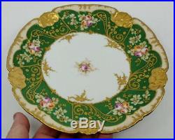 Antique Limoges Plate 9-1/4 H/P Pink Roses Green Rim Gold Encrusted Stunning