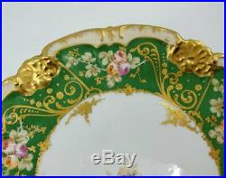 Antique Limoges Plate 9-1/4 H/P Pink Roses Green Rim Gold Encrusted Stunning