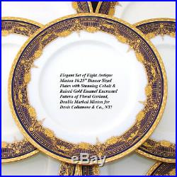 Antique Minton 1916 Marked 8pc 10.25 Dinner Plate Set, Raised Gold on Cobalt