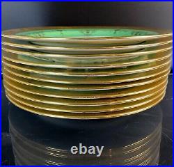 Antique Minton Green/Gold Encrusted Dinner Plates (11) 10.25 H334 C1902