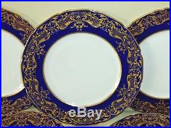 Antique Royal Doulton Set Of 6 Cobalt Raised Gold Encrusted Dinner Plates