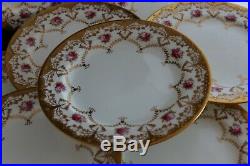 Antique Set 12 Royal Cauldon England 4941 Gold Encrusted Pink Rose Dinner Plates
