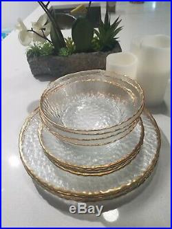 Arcoroc Clear Knobby Pebble Glass Gold Trim 4 Dinner 4 Salad Plates 4 bowls 12pc