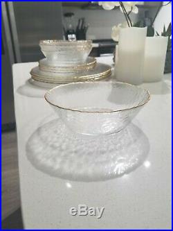 Arcoroc Clear Knobby Pebble Glass Gold Trim 4 Dinner 4 Salad Plates 4 bowls 12pc
