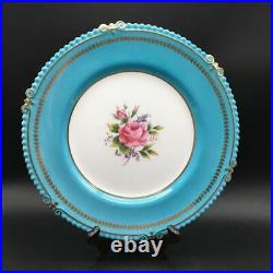 Aynsley 7879 Turquoise + Gold Dinner Plate With Pink Cabbage Rose Center Ch6339