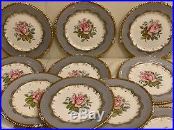 Aynsley G. BENTLEY 7913 Gray Rim with Gold Trim and a Pink Rose 12 Dinner Plates