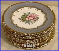 Aynsley G. BENTLEY 7913 Gray Rim with Gold Trim and a Pink Rose 12 Dinner Plates