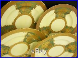 Beautiful Antique European Green Gold Encrusted Roses Dinner Plates Set Of 6