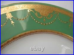 Beautiful Antique Minton Green & Raised Gold Porcelain Dinner Plate Set Of 6