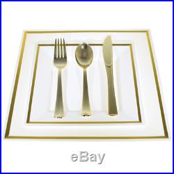 Bulk, Dinner/Wedding Disposable Plastic Square Plates silverware, silver/gold rim