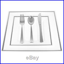 Bulk, Dinner/Wedding Disposable Plastic Square Plates silverware, silver/gold rim