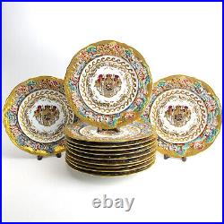 Carl Thieme 12 Gold Encrusted Capodimonte Dinner Plate Set Armorial King Naples