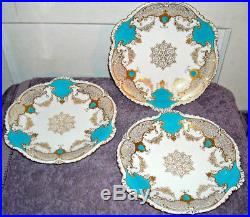 Coalport Fancy Cabinet Dinner Plates Turquoise/blue Enamel Raised Gold (3)