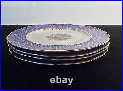 Cobalt Royal Blue Set 4 Dinner Plates Chargers 11 Floral 22k Gold Filigree Vtg